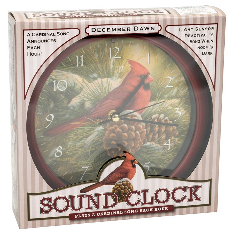 Mark Feldstein & Associates Mark Feldstein Wild Wings December Dawn Cardinal Round Red Frame 8 Inch Christmas Bird Sound Wall Clock - Image 5
